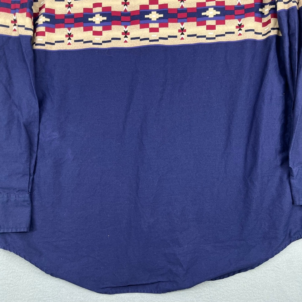 Express Rider Mens XL Navy Blue Southwestern Aztec Print Western Snap Shirt 90s - Picture 10 of 11